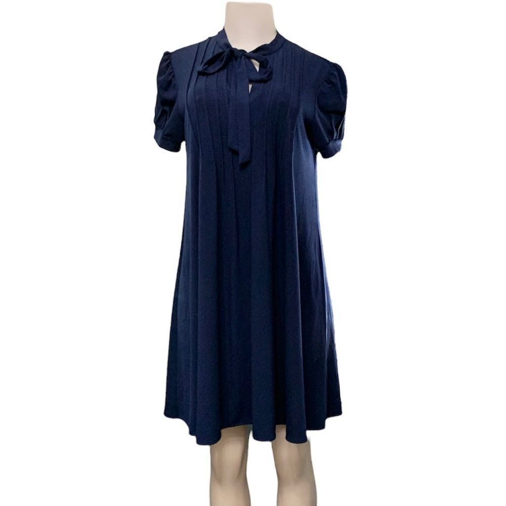London Times Dark Blue Short Sleeve Bow Tie Knee Length Pullover Dress Size 8
